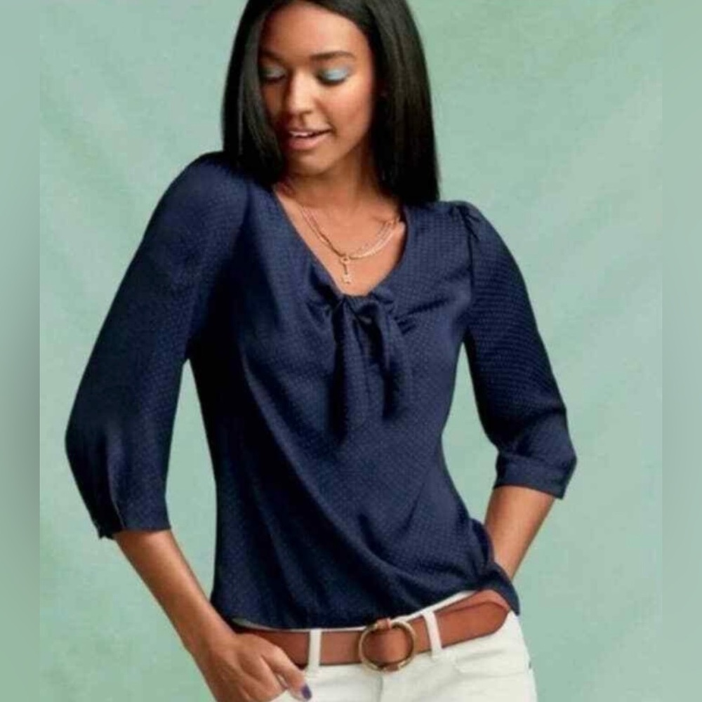 Cabi blue and green polka dot tie knot  blouse, size M, EUC